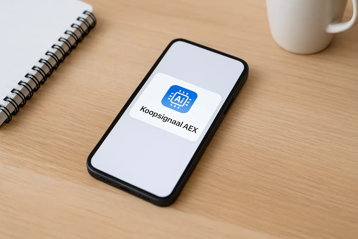 Telefoon met koopsignaal AEX notificatie op tafel