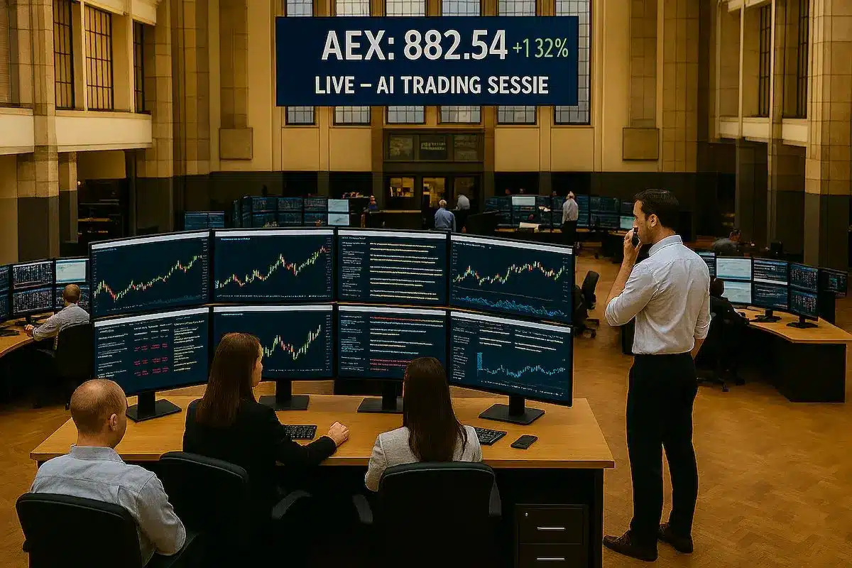 AEX-beursvloer op Beursplein 5 met handelaren en schermen vol AI grafieken.