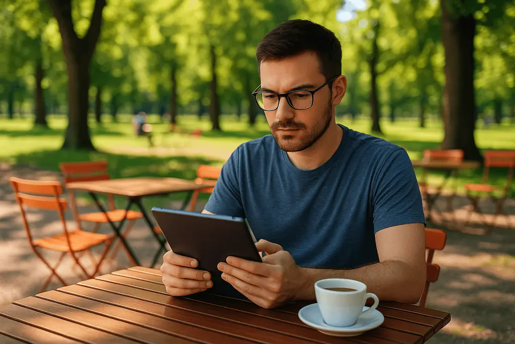 Jonge belegger onderzoekt algoritmisch beleggen op zijn tablet met koffie in park