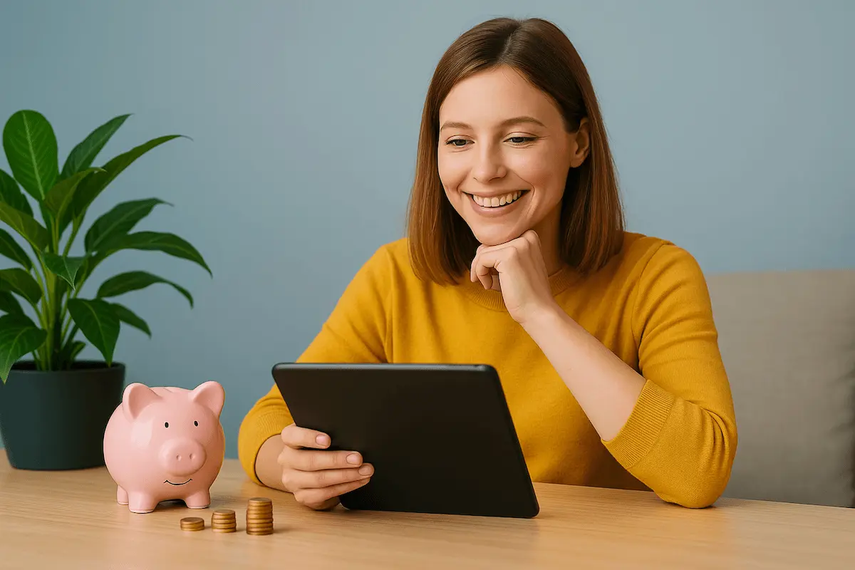 Vrouw leert beleggen met tablet naast spaarvarken en munten.
