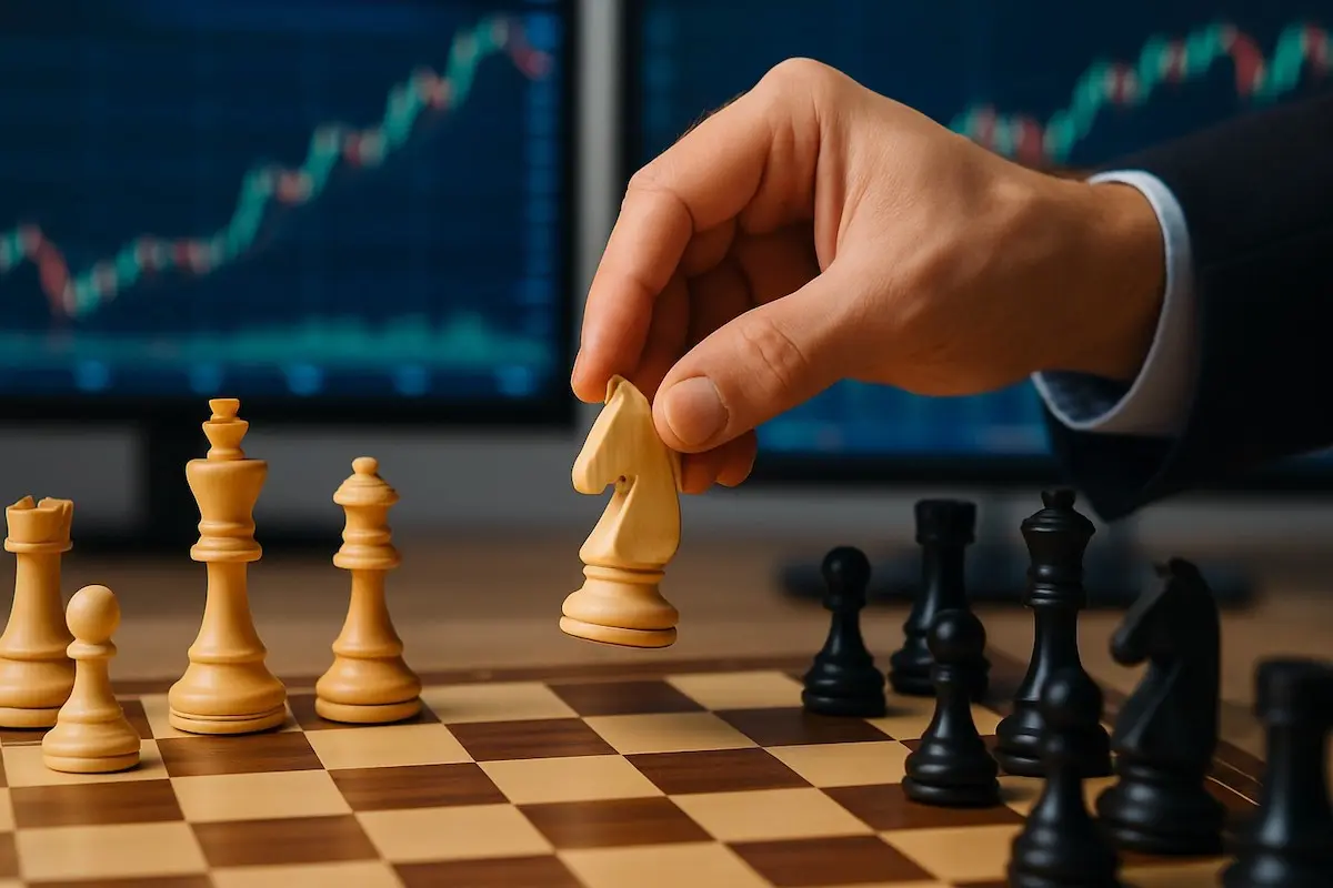 Hand verplaatst schaakstuk, AEX beurs-grafieken op achtergrond.