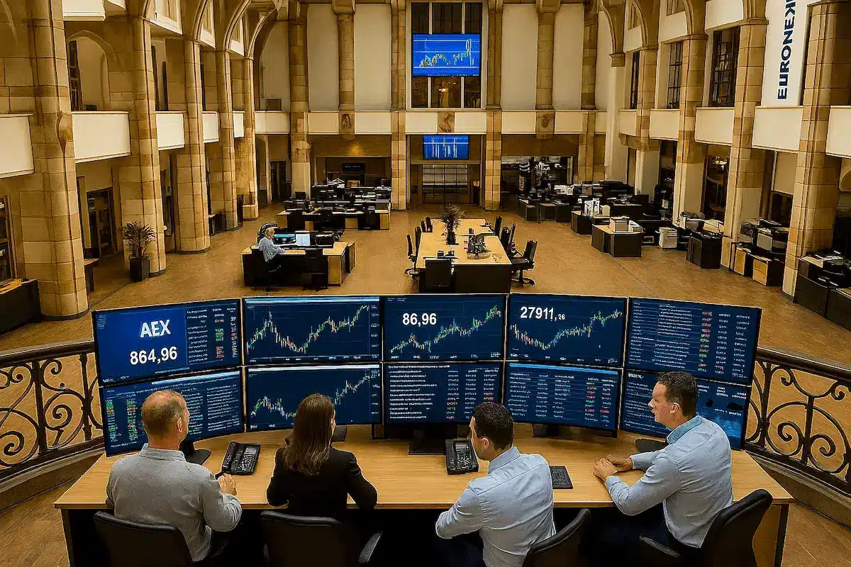 Traders werken in een traderoom met schermen vol AEX grafieken.