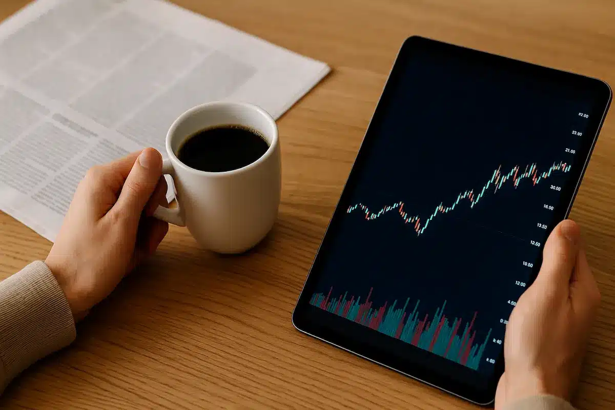 Tablet met financiële grafiek en kop koffie op tafel.