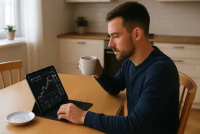 Man bekijkt beleggingsgrafieken op laptop met koffie in de keuken thuis.