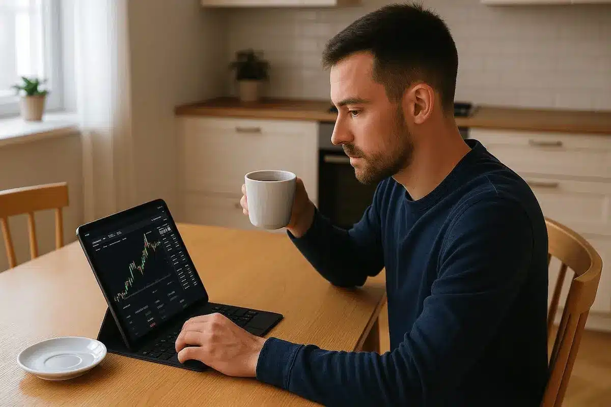 Man bekijkt beleggingsgrafieken op laptop met koffie in de keuken thuis.