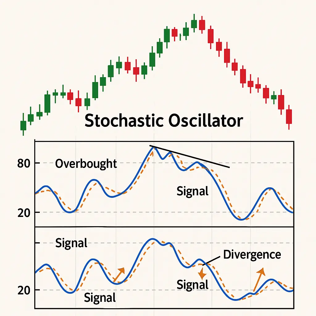 Grafiek met stochastische oscillator signalen en overbought indicaties.
