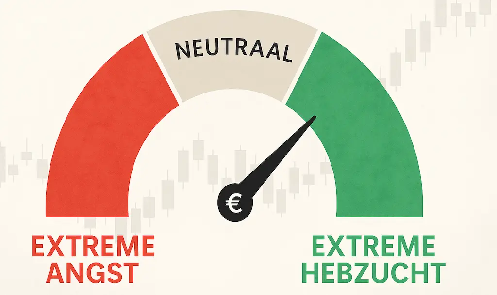 Angst en hebzucht in beleggen weergegeven met meter en beursgrafiek