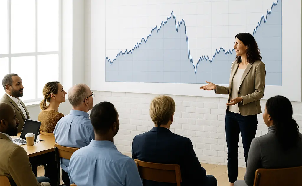 Presentatie van beurslijngrafiek tijdens financiële analyse voor startende beleggers