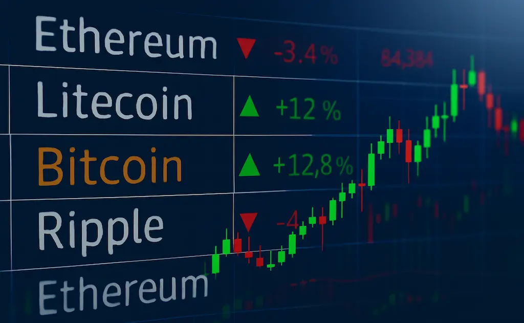 Candlestick grafiek met koersontwikkelingen van Bitcoin, Ethereum, Litecoin en Ripple