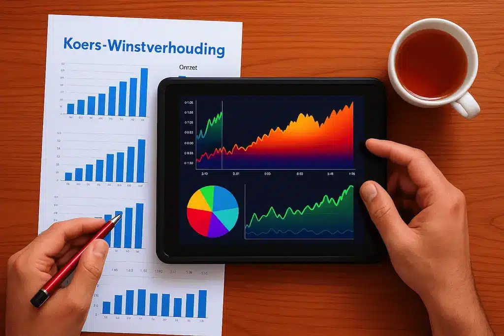 Kleurrijke grafieken en analyse van de koers-winstverhouding op tablet en papier
