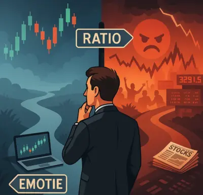 Illustratie van een belegger die kiest tussen ratio en emotie in de psychologie van beleggen, met een man als centrale figuur