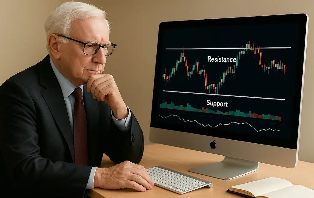 Trader analyseert koersgrafiek met duidelijke steun- en weerstandslijnen.