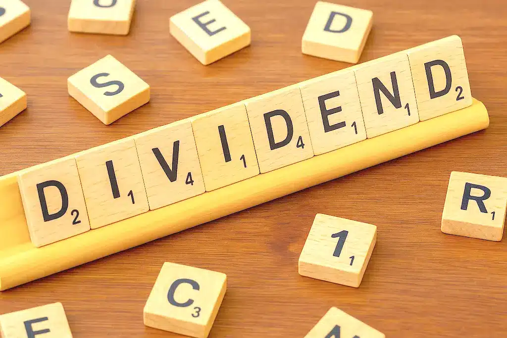 Scrabble letters die het woord dividend vormen als symbool voor dividendstrategie in beleggen
