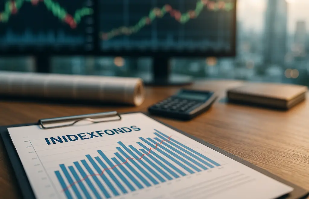 Financiële grafieken en indexfonds document voor indexbeleggen op bureau.