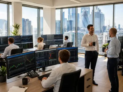 Traders aan het werk in een moderne tradingroom met koersschermen, koffie en uitzicht over de stad
