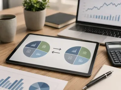 Twee verdelingsgrafieken van een beleggingsportefeuille op een tablet met pijlen voor herbalanceren