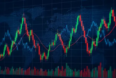Beursgrafiek met sterke koersschommelingen, candlesticks en handelsvolume als voorbeeld van volatiliteit bij beleggen