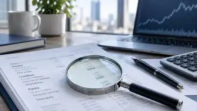 Financiële balans met posten voor activa, verplichtingen en eigen vermogen onder een vergrootglas, naast een laptop met beursgrafiek, rekenmachine en pen