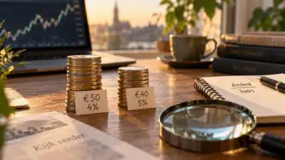 Twee stapels munten met kaartjes €50 4% en €40 5%, naast een notitieblok met dividend/koers en een laptop met beursgrafiek