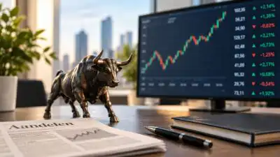 Bronzen stier op een bureau met op de achtergrond een beeldscherm met koersgrafiek en beurscijfers