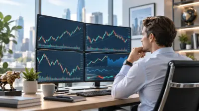 Belegger in een moderne tradingroom die koersgrafieken en risico op de financiële markten analyseert.